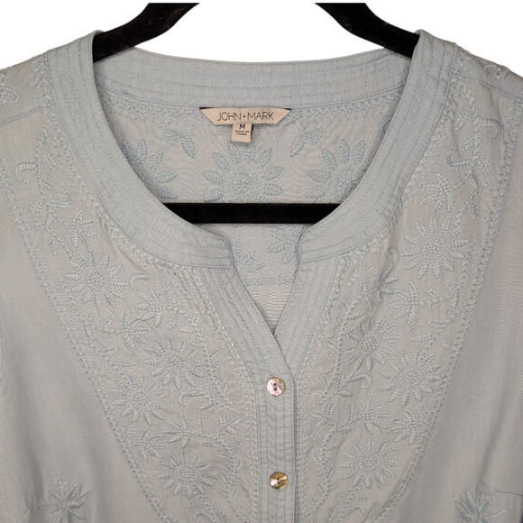 John Mark Embroidered Button Front Long Sleeve Light Blue - Picture 3 of 5